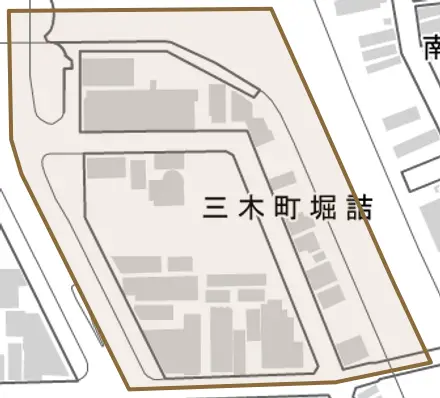 三木町堀詰とその周辺の地図。町の範囲を重ねている