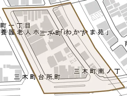 三木町中ノ丁とその周辺の地図。町の範囲を重ねている