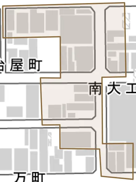 南大工町とその周辺の地図。町の範囲を重ねている