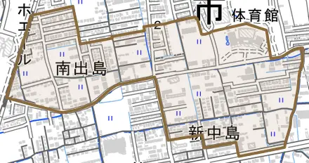 南出島とその周辺の地図。町の範囲を重ねている