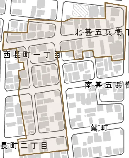 南甚五兵衛丁とその周辺の地図。町の範囲を重ねている