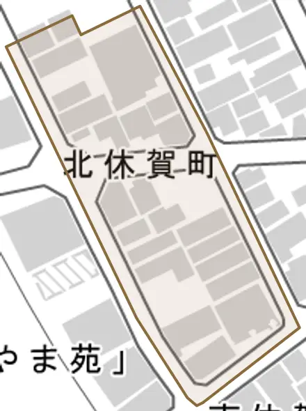 南休賀町とその周辺の地図。町の範囲を重ねている