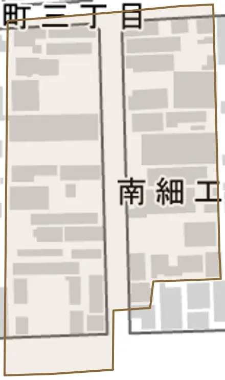 南細工町とその周辺の地図。町の範囲を重ねている