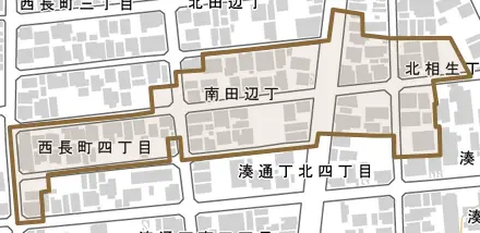南田辺丁とその周辺の地図。町の範囲を重ねている