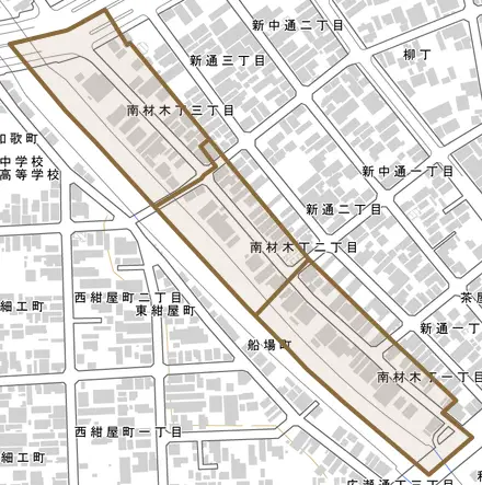 南材木丁とその周辺の地図。町の範囲を重ねている