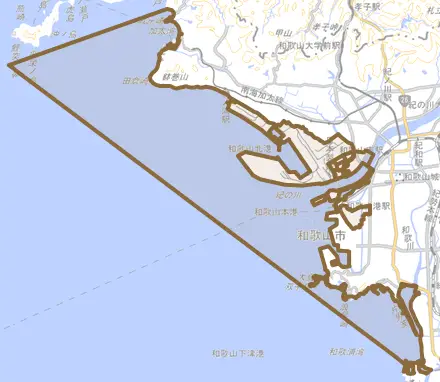 湊とその周辺の地図。町の範囲を重ねている