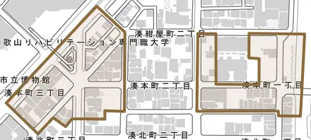 湊本町とその周辺の地図。町の範囲を重ねている