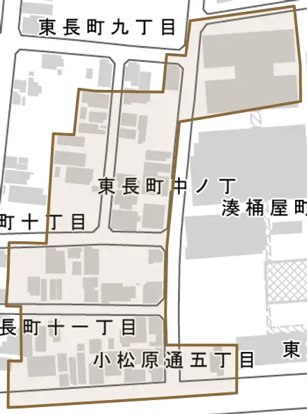 湊桶屋町とその周辺の地図。町の範囲を重ねている