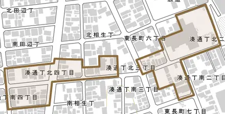 湊通丁北とその周辺の地図。町の範囲を重ねている