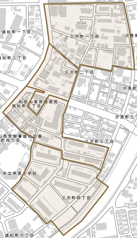三沢町とその周辺の地図。町の範囲を重ねている