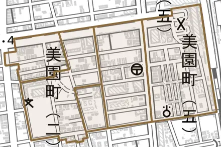 美園町とその周辺の地図。町の範囲を重ねている