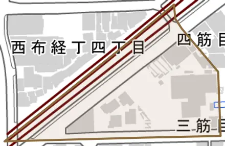 三筋目とその周辺の地図。町の範囲を重ねている