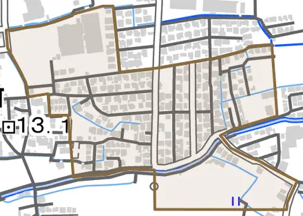 満屋とその周辺の地図。町の範囲を重ねている