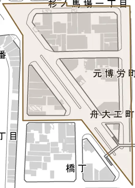 元博労町とその周辺の地図。町の範囲を重ねている