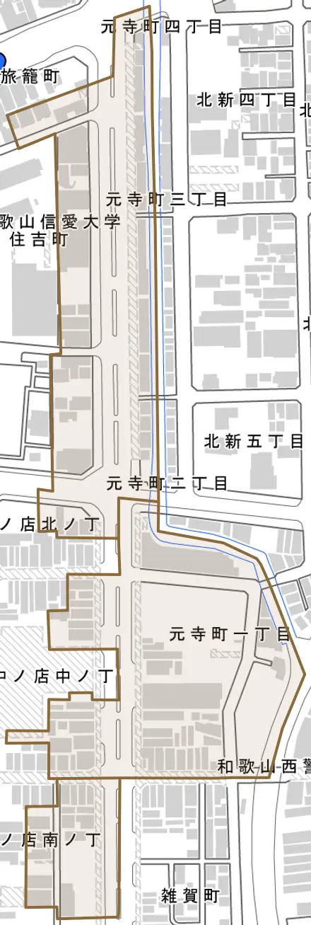 元寺町とその周辺の地図。町の範囲を重ねている