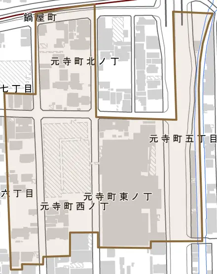 元寺町北ノ丁とその周辺の地図。町の範囲を重ねている