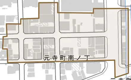 元寺町南ノ丁とその周辺の地図。町の範囲を重ねている