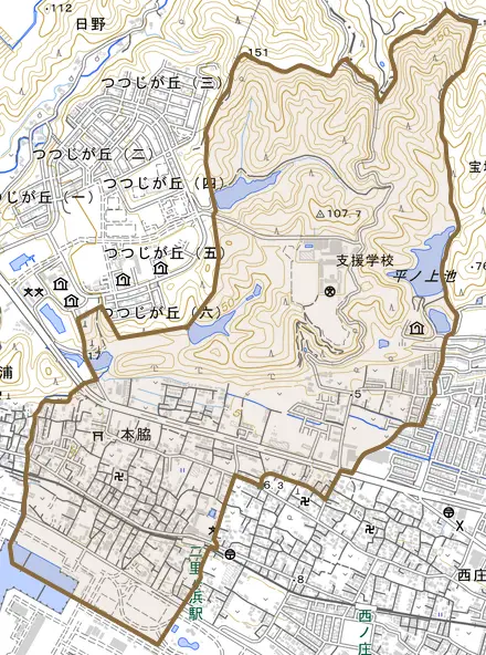 本脇とその周辺の地図。町の範囲を重ねている