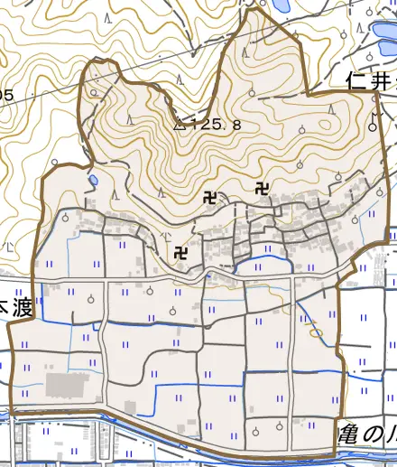 本渡とその周辺の地図。町の範囲を重ねている