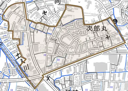 向とその周辺の地図。町の範囲を重ねている
