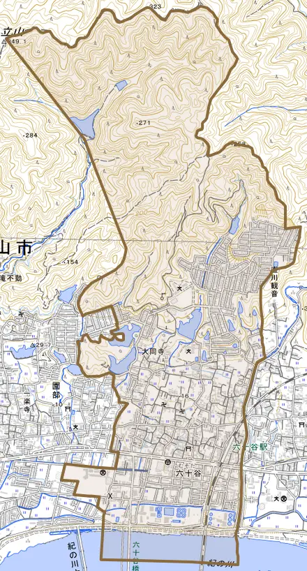 六十谷とその周辺の地図。町の範囲を重ねている