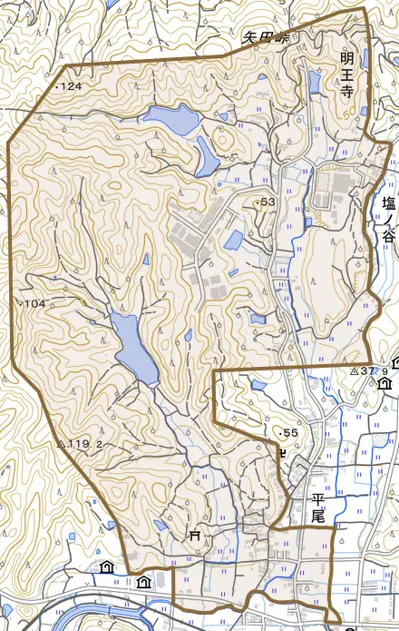 明王寺とその周辺の地図。町の範囲を重ねている