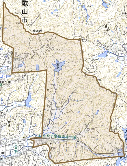 永山とその周辺の地図。町の範囲を重ねている