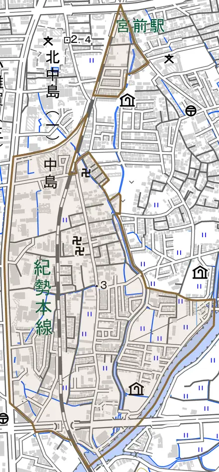 中島とその周辺の地図。町の範囲を重ねている