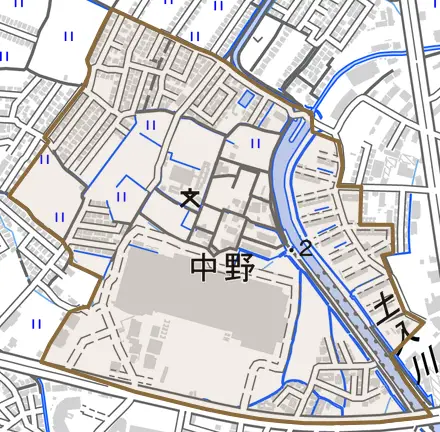 中野とその周辺の地図。町の範囲を重ねている