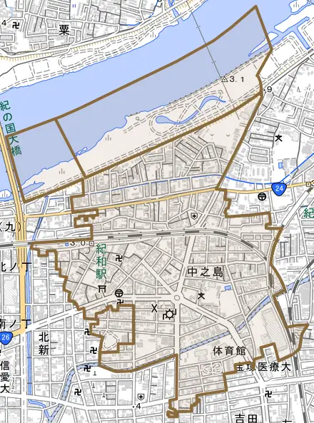 中之島とその周辺の地図。町の範囲を重ねている