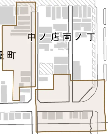 中ノ店南ノ丁とその周辺の地図。町の範囲を重ねている