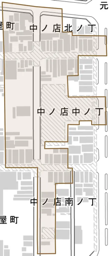 中ノ店中ノ丁とその周辺の地図。町の範囲を重ねている