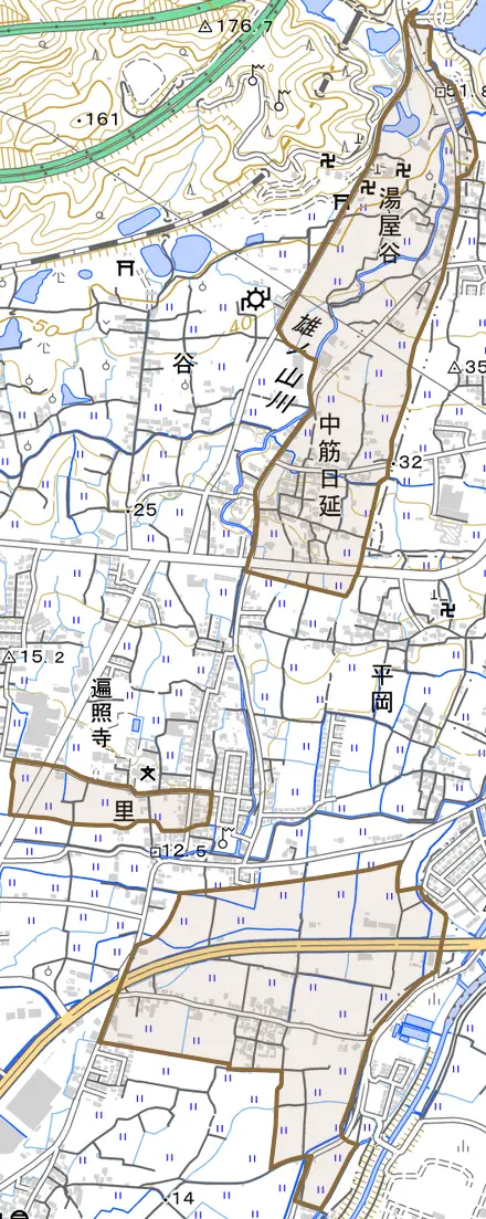 中筋日延とその周辺の地図。町の範囲を重ねている