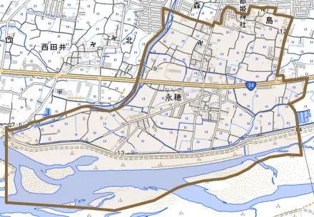 永穂とその周辺の地図。町の範囲を重ねている
