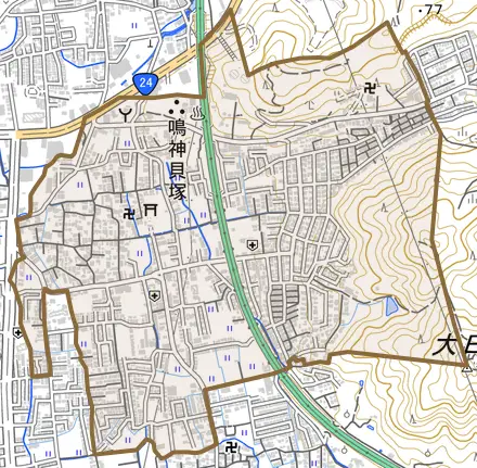 鳴神とその周辺の地図。町の範囲を重ねている