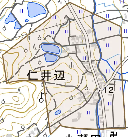 仁井辺とその周辺の地図。町の範囲を重ねている