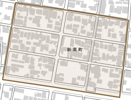新高町とその周辺の地図。町の範囲を重ねている