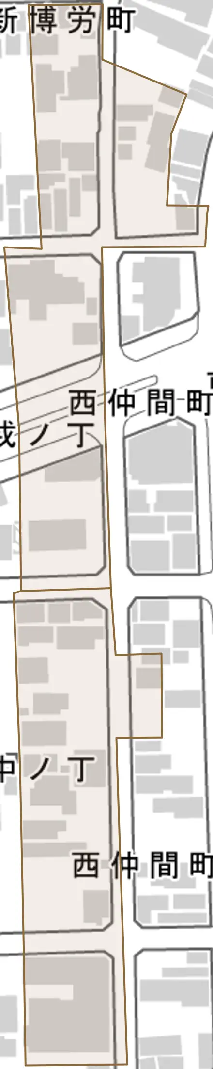 西仲間町とその周辺の地図。町の範囲を重ねている