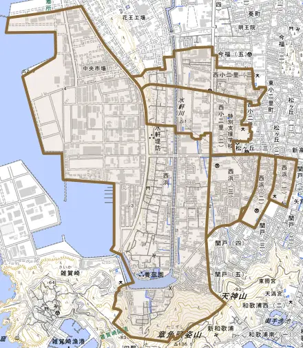 西浜とその周辺の地図。町の範囲を重ねている