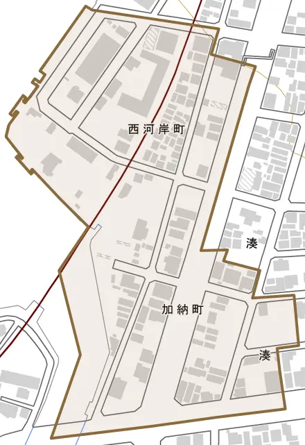 西河岸町とその周辺の地図。町の範囲を重ねている