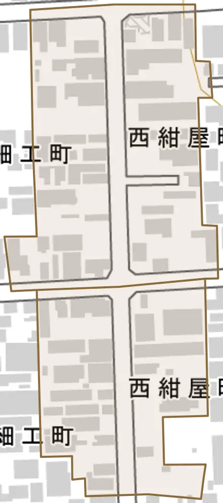 西紺屋町とその周辺の地図。町の範囲を重ねている