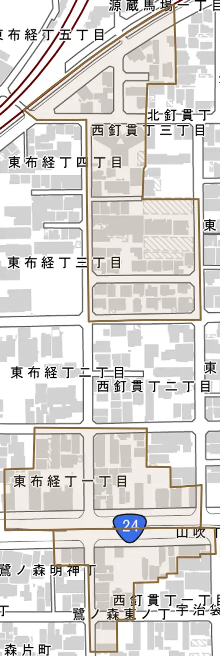 西釘貫丁とその周辺の地図。町の範囲を重ねている