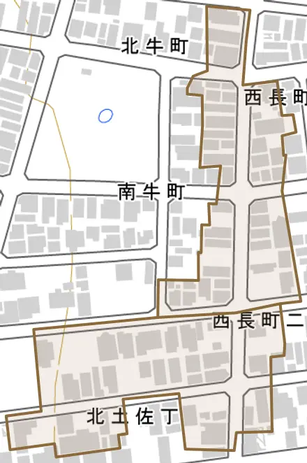 西長町とその周辺の地図。町の範囲を重ねている