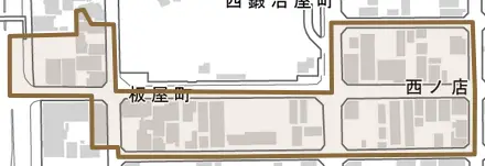 西ノ店とその周辺の地図。町の範囲を重ねている