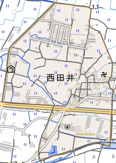 西田井とその周辺の地図。町の範囲を重ねている