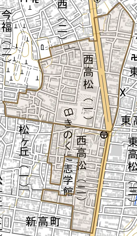西高松とその周辺の地図。町の範囲を重ねている