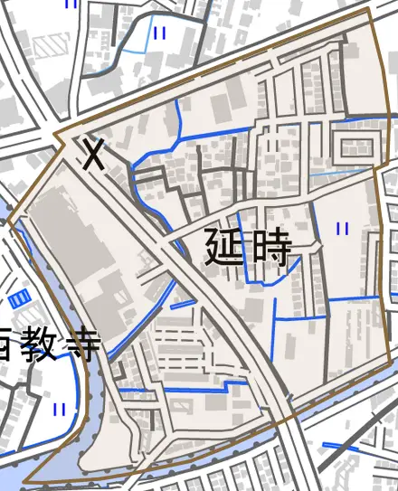 延時とその周辺の地図。町の範囲を重ねている