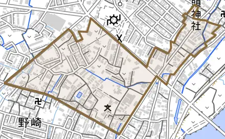野崎とその周辺の地図。町の範囲を重ねている