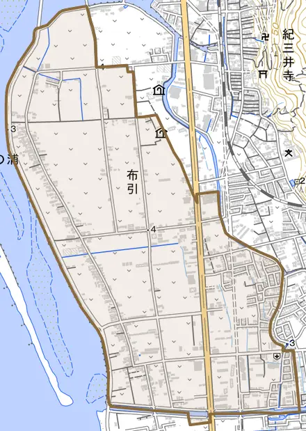 布引とその周辺の地図。町の範囲を重ねている