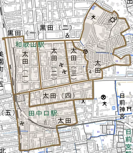 太田とその周辺の地図。町の範囲を重ねている